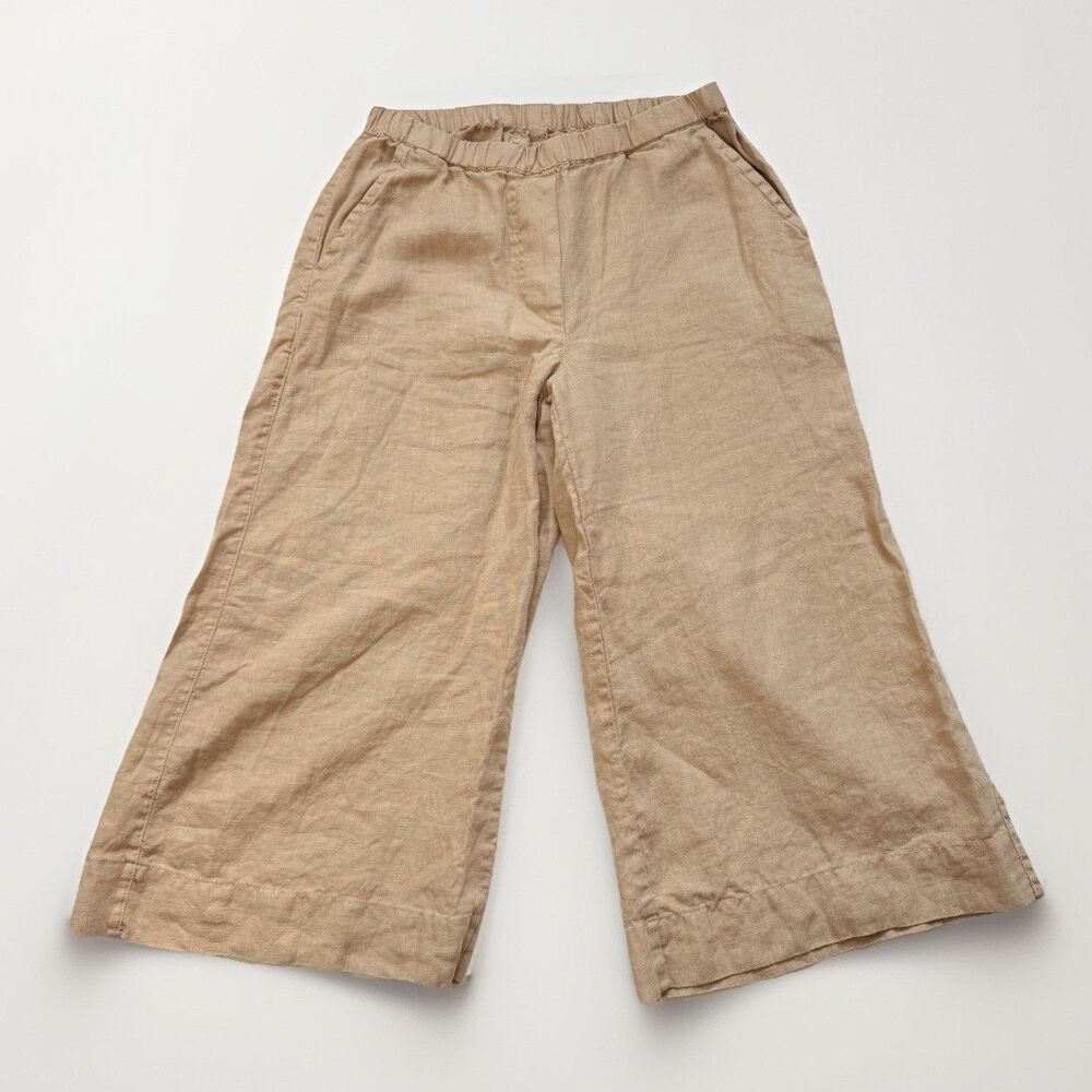 Frank & Eileen Wide Leg Linen Pull-on Pants XS Khaki Tan Culottes Coastal Resort